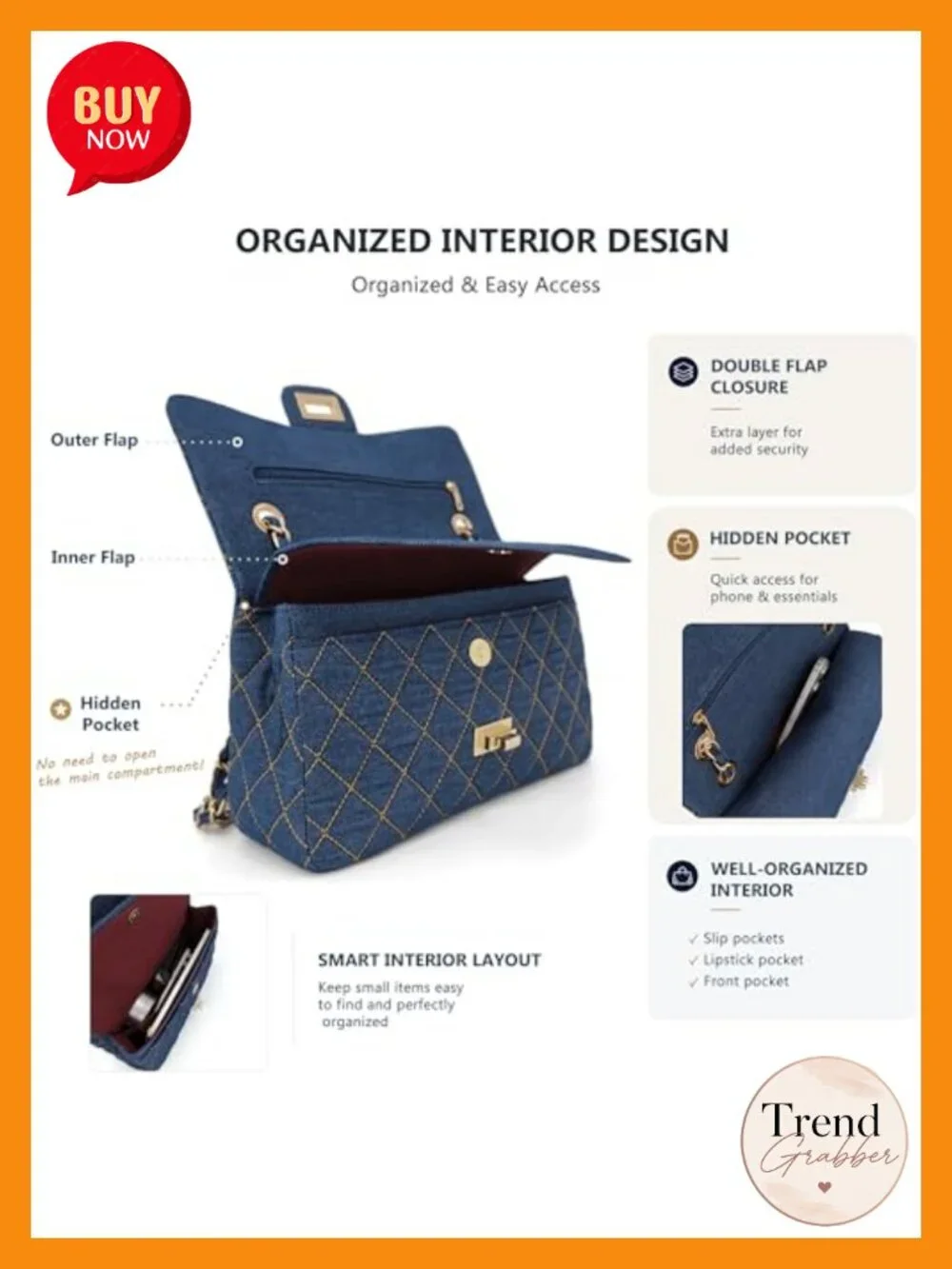 Quilted Denim Crossbody Bag with Chain Strap, Double Flap Purse, Gold Hardware,
